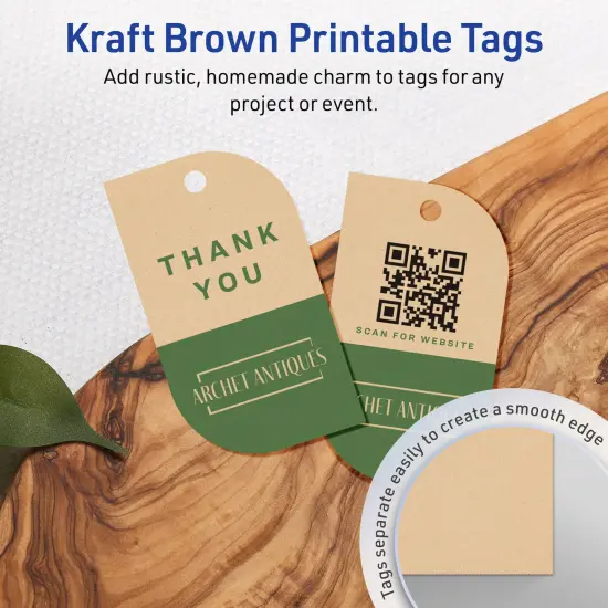 Avery Printable Leaf Printable Tags, Sure Feed Technology, 2" x 3-1/2", Matte Kraft Brown Cardstock, Print-to-The-Edge, Laser/Inkjet Printable, 80 Total {3}