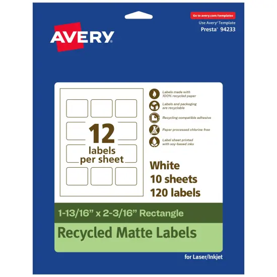 Avery Recycled Matte White Labels,1-13/16" x 2-3/16" Rectangle {1}