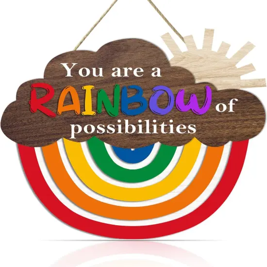 Rainbow Wooden Sign (12.2x11.5 inch), You Are A Rainbow Of Possibilities Inspirational Quote Hanger Sign, Colorful Rainbow Decorative Hanging Sign for Nursery Playroom Classroom School Decor {1}