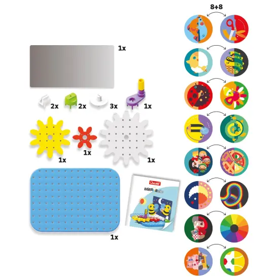 Quercetti: Mirrorello - Gear Assembly Game Toy, Turn The Crank, Double-Sided Discs, Mirror Illustrations, Explore Patterns, STEM Building Toy, Kids 4+ {5}