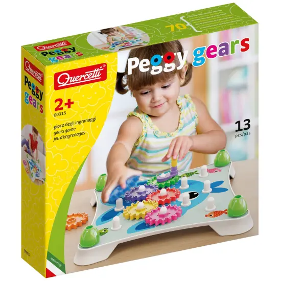 Quercetti: Peggy Gears - 13pc Interactive Cogwheel Construction Toy, Peg Board, 2-Sided Cards w/ 6 Scenes, Preschool Educational Play, Toddler-Kids 2+ {1}