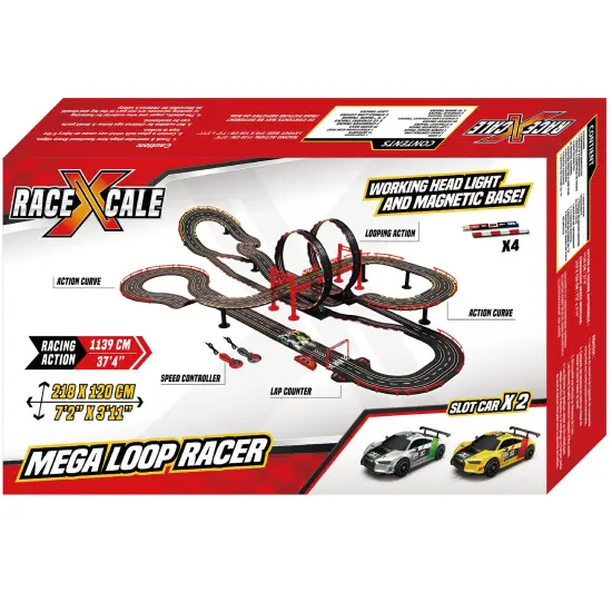 RaceXCale: Mega Loop Racer - 1:43 Scale G5 Slot Car Track, Electric Power Toy Set, 7'2" x 3'11", 2 Magnetic Cars w/ Head Lights, 2 Speed Controllers {4}