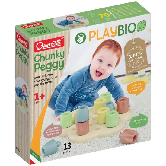 Quercetti: PlayBio - Chunky Peggy - 13pc Peg Blocks Sorting & Stacking Toy, Color Tower Building, Free Play, Eco-Friendly Bioplastic, Baby-Toddler 1+ {1}