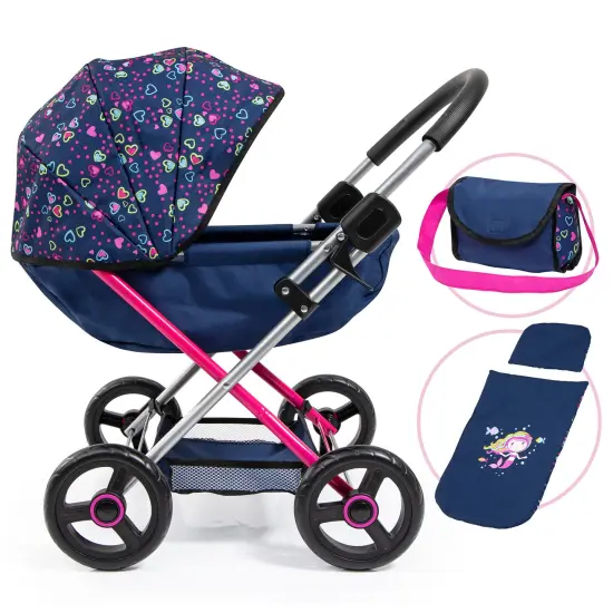 Bayer: Pram Cosy - Blue, Pink, Hearts - Includes Blanket & Shoulder Bag, Kids Pretend Play, Fits Dolls Up to 18", Soft Handle, Big Wheels {1}
