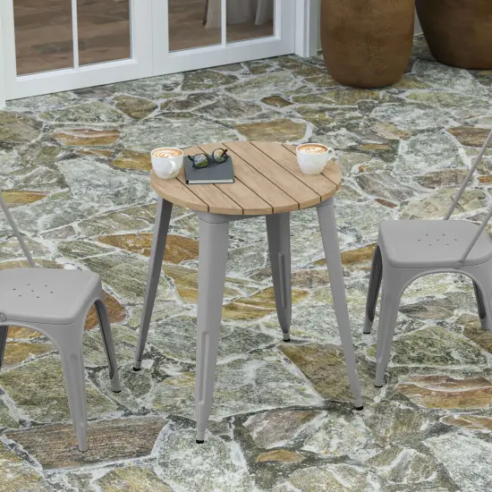 Merrick Lane Dryden Indoor/Outdoor Dining Table, 23.75" Round All Weather Poly Resin Top with Steel Base BrownTop/SilverFrame {3}