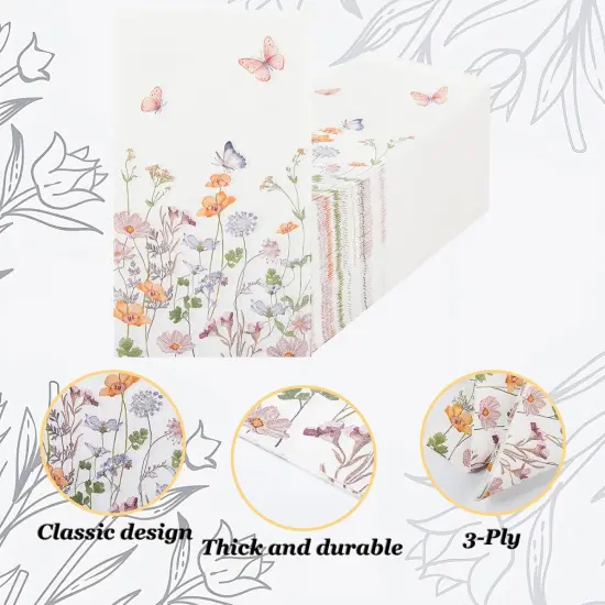 100Pcs Floral Guest Napkins Disposable Butterfly Flower Paper Napkins Wildflower Garden Blossom Hand Towels for Spring Wedding Anniversary Bridal Baby Shower Tea Party Table Decor {3}