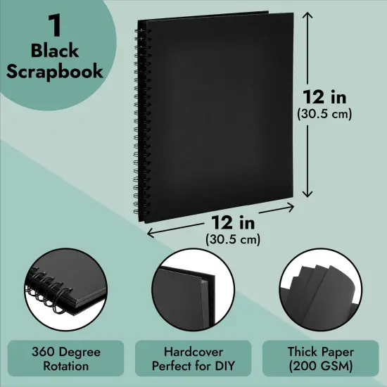 12x12 Hardcover Scrapbook - Blank Wedding Guest Book, DIY Photo Album, Black Spiral Bound Cardboard Cover Sketchbook for Kids Craft, Diary Journal - Square - 40 Sheets {4}