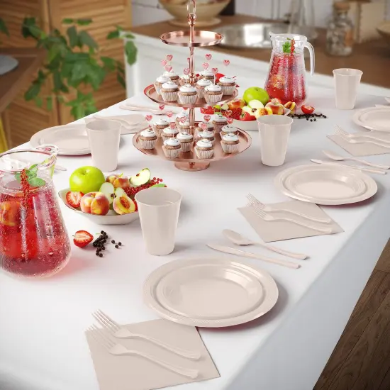 Exquisite 350 Pcs Plastic Plates for Party &ndash; Disposable Plates Set &ndash; 50 Each of 9" Dinner Plates, 7" Dessert Plates, Plastic Cups, Napkins & Plastic Cutlery &ndash; Plastic Dinnerware by Party Solids Ivory {4}