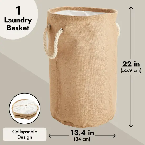 22 Inch Collapsible Laundry Basket with Drawstring Closure, Round Freestanding Clothes Hamper Brown {5}