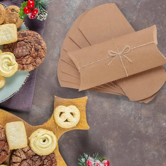 Kraft Pillow Boxes, 6.3x3.4x1.3 in, 25 Pack with Jute Twines, Kraft Gift Boxes, Paper Boxes for Gifts, Paper Pillow Candy Box, Pillow Boxes Craft, Favor Gift Boxes {5}