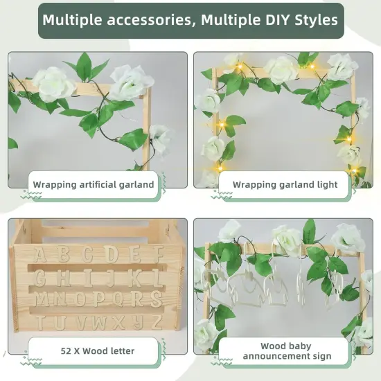 Wooden Baby Shower Crate Closet, Personalized DIY Storage Crate Hamper Set with Baby Announcement Sign, Hangers, Letter Lights Garland {2}