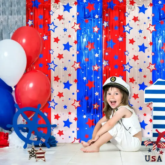 4th of July Decorations, Red White Blue 3 Pack America Star Tinsel Foil Fringe Curtains, Photo Booth Prop Streamer Backdrop for Independence Day, Memorial Day, Labor Day, Patriotic Party {3}