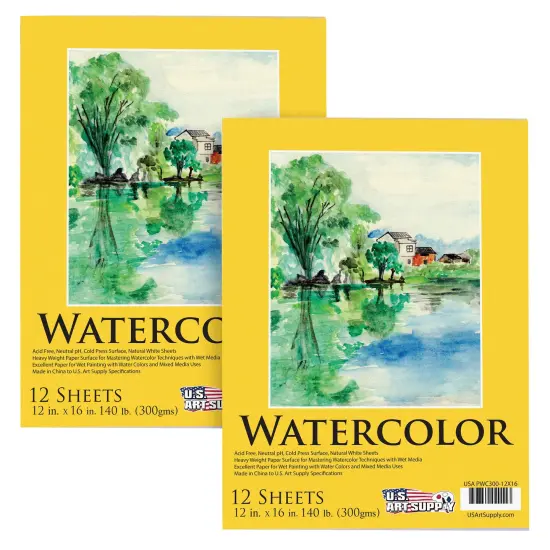 12" x 16" Premium Heavyweight Watercolor Paper Pad, Pack of 2 (12 Sheets Each), 140lb (300gsm) - Spiral Bound, Cold Pressed, Acid-Free, Wet, Water Color Paper - For Artists, Students {1}