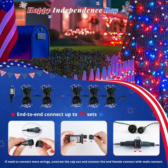 MYGOTO Red White and Blue String Lights,33FT 100LED 4th of July Patriotic Fairy Lights Outdoor Waterproof,8 Modes Memory UL Plug Independence Day Light for Home Party Holiday Tree Xmas Decoration {3}