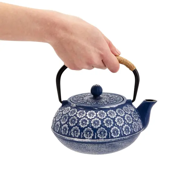 6 Piece Set Japanese Cast Iron Teapot with Infuser, 4 Teacups, and Trivet (32 oz, Blue) {4}