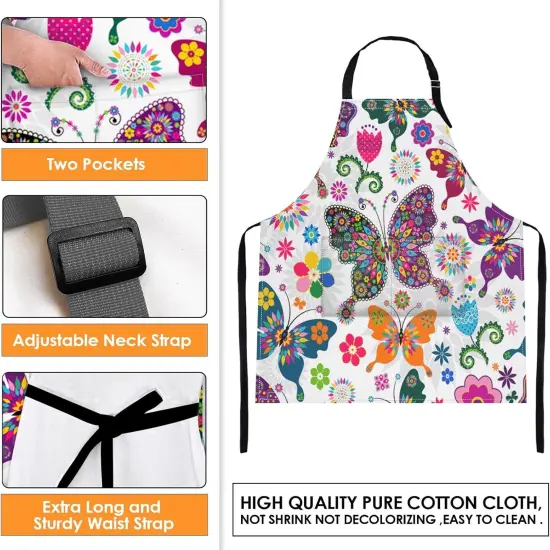 Apron Home Kitchen Cooking Baking Gardening for Women Men With Pockets Floral Colorful Butterflies Flowers Romantic 32x28 inch {4}
