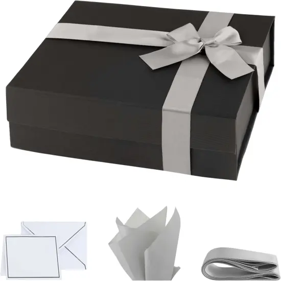 Premium Black Gift Box with Magnetic Closure 5 PACK - 10x7x3 inches - Includes Ribbon and Gift Card - Elegant Presentation Box for All Occasions {1}