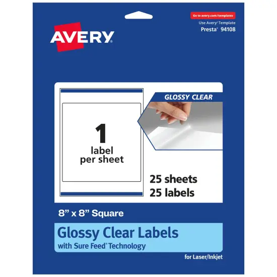 Avery Glossy Clear Square Labels with Sure Feed, 8" x 8" {1}