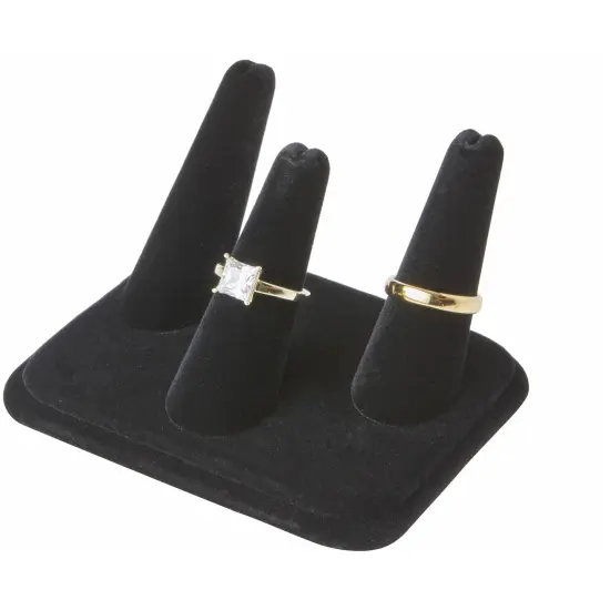 Plymor Black Velvet Ring Finger Display, Three on Rectangular Base, 4.125" W x 3.25" D x 2.25" H {3}