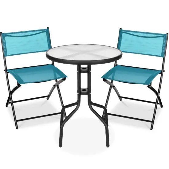 Best Choice Products 3-Piece Patio Bistro Dining Furniture Set w/ Round Textured Glass Tabletop, Folding Chairs Dark Green {7}