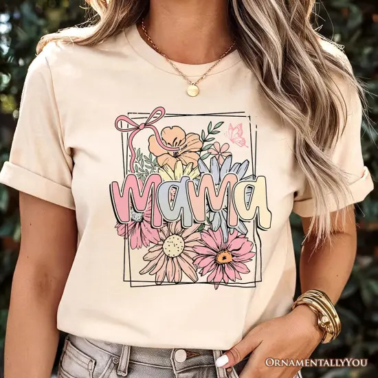 Floral Mama Coquette Bow Pastel T-Shirt, White and Natural Boho Tee With Spring Flower {5}