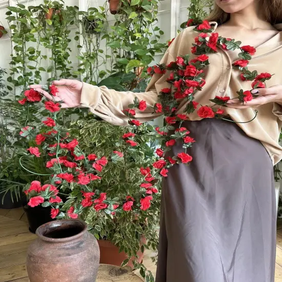 Artificial Rose Rattan Garland Fake Rose Vine Hanging Rose Ivy Red Flowers Home Hotel Office Wedding Party Garden Craft Art Decoration {2}