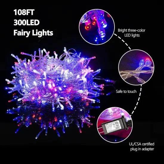 4th of July Decorations 300 LED Red White and Blue String Lights Plug-in, 8 Modes 108ft Independence Day Fairy Lights for Patriotic Party Decor Indoor Outdoor {2}