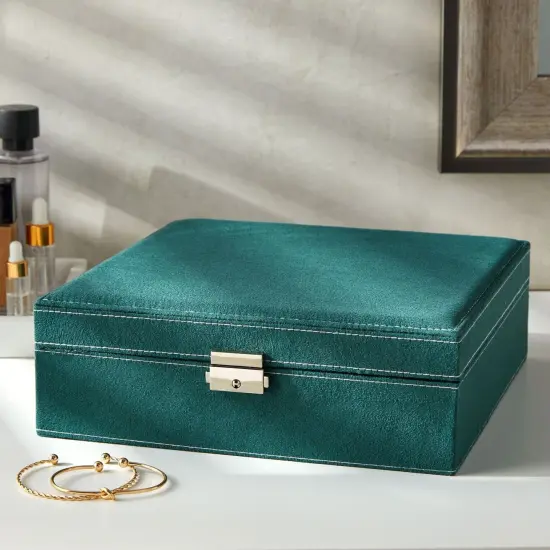 Velvet Jewelry Box Organizer - Lockable 2 Layer Travel Case, Earrings Storage with Removable Tray for Women, Men (Green) {3}