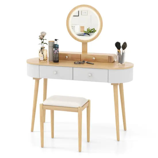 LED Lighted Vanity Table Set with Adjustable Mirror & Cushioned Stool Natural {4}
