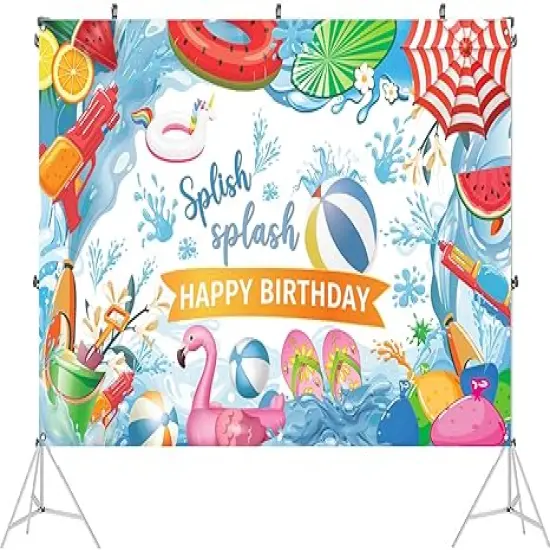 Summer Birthday Party Decorations, Splish Splash Happy Birthday Pool Party Banner, 71 x 43 Inches {3}