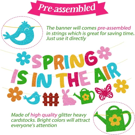 Spring is in The Air Banner Hello Spring Party Decorations Flower Bunny Bird Butterfly Sign Garland for Welcome Spring Happy Easter Festival Colorful Glitter Party Supplies {3}
