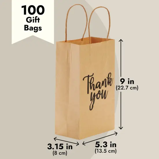 100-Pack Small Thank You Gift Bags with Handles, Brown Kraft Paper Bulk Bags for Weddings, Birthday Party Favors, Gift Wrapping, Retail Small Businesses (9x5.3x3 in) {5}