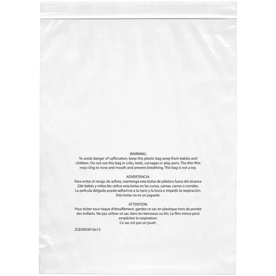 Plymor Zipper Reclosable Plastic Bags With Printed Suffocation Warning, 2 Mil {1}