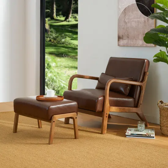 30.75"H Mid-Century PU Leather Armchair with Ottoman Set Brown {2}
