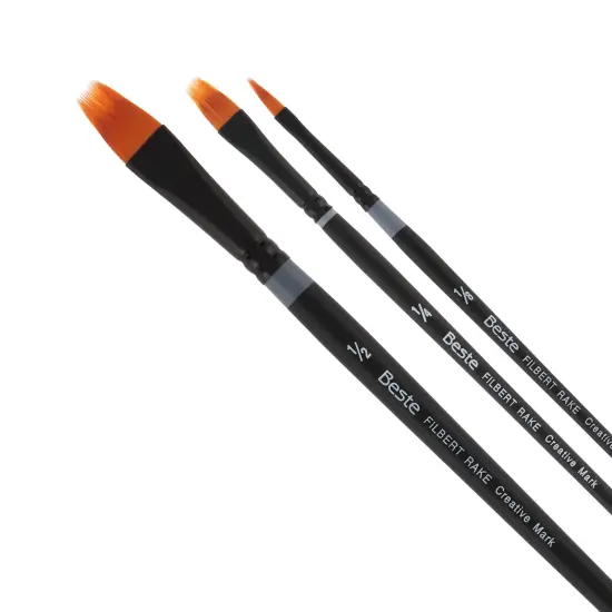 Creative Mark Beste Golden Taklon Filbert Rake, Set of 3 Artist Paint Brush, Professional Watercolor Brushes, For Acrylic Painting, Short Handle, Sharp Edges, Hand-Tied & Shaped {1}