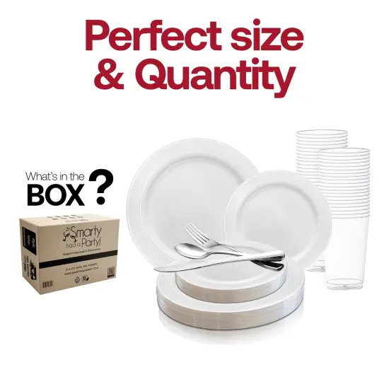 White with Silver Edge Rim Plastic Wedding Value Set (60 Settings) {3}