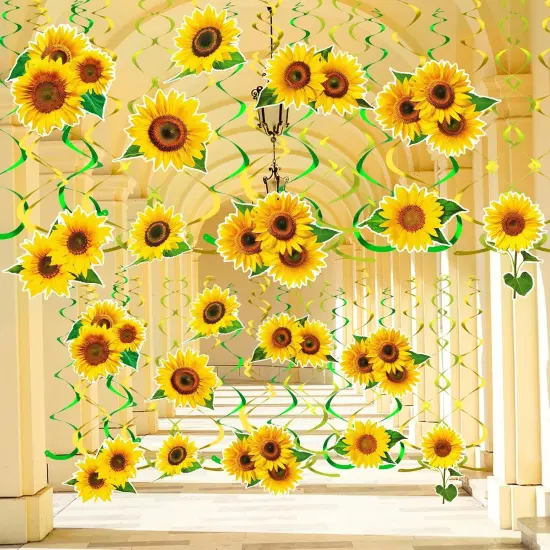 54 Pcs Sunflower Hanging Swirls Decorations Sunflower Party Supplies Sun Flowers Hanging Ceiling Wall Decor for Birthday Party Baby Shower Sunflower Decorations Spring Summer Hanging Swirls {1}