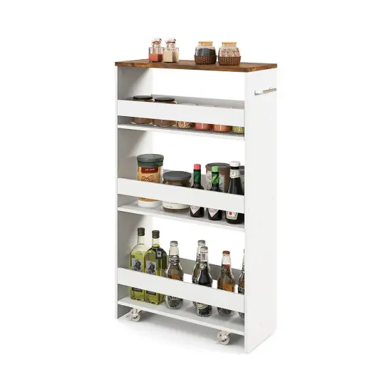 4-Tier Rolling Storage Cart Slim Kitchen Cart on Wheels with Open Shelves and Handle Rustic Brown {4}