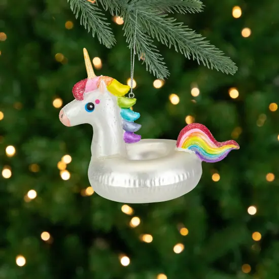Northlight 6.5" Rainbow Unicorn Pool Float Glass Christmas Ornament White {1}