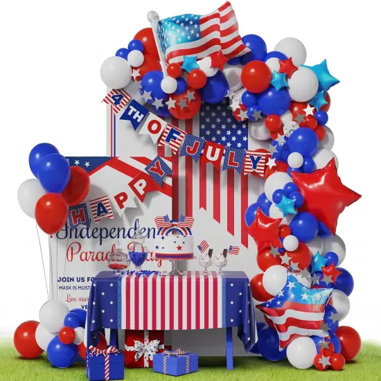 4th of July Balloon Garland Arch Kit,100pcs Navy Blue Red White Balloons Arch With Paper Banner For Independence Day Patriotic Party Supplies, July 4th Balloon Decorations with Shiny Stars Pendants {1}