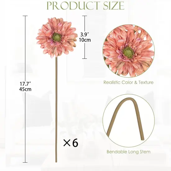 Summer Gerbera Daisy Flowers Artificial Stems 6PCS Realistic Faux Daisy Flower for Tabletop Decor ,Home Decor Indoor Tables Bathroom Vase, DarkSalmon {2}