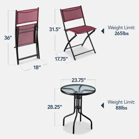 Best Choice Products 3-Piece Patio Bistro Dining Furniture Set w/ Round Textured Glass Tabletop, Folding Chairs Burgundy {2}