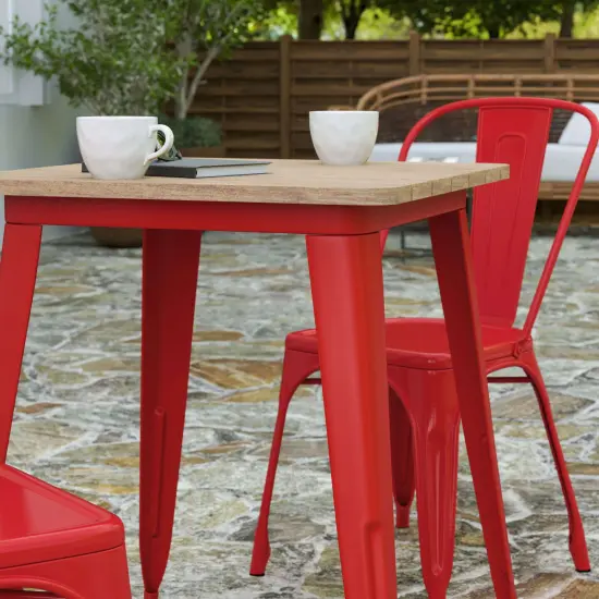 Merrick Lane Dryden Indoor/Outdoor Dining Table, 23.75" Square All Weather Poly Resin Top with Steel Base Brown Top/Red Frame {6}