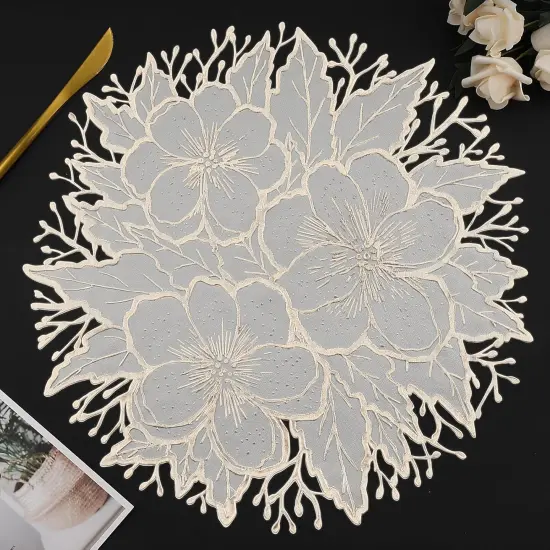 Placemats Set of 6, Gold White Place Mats Pressed Plum Flowers Vinyl Round Table Mats Washable {1}