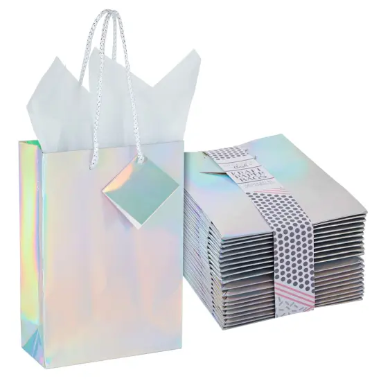 20-Pack Small Metallic Gift Bags with Handles, 5.5x2.5x7.9-Inch Paper Bags with Foil Coating, White Tissue Paper Sheets, and Tags for Small Business (Holographic) Silver {1}