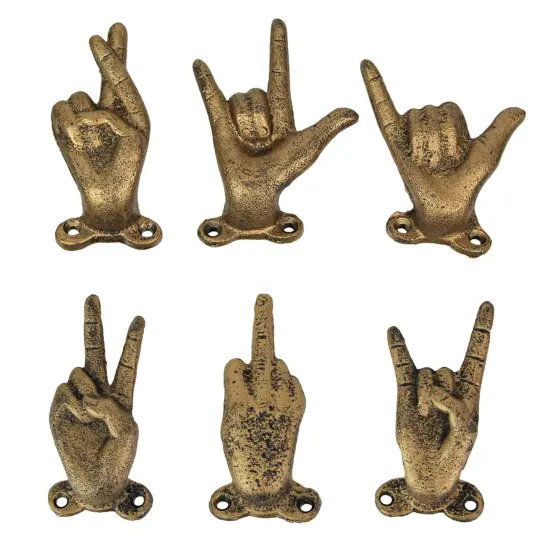 Set of 6 Cast Iron Hand Gesture Hooks Vintage Finish Hangers {1}