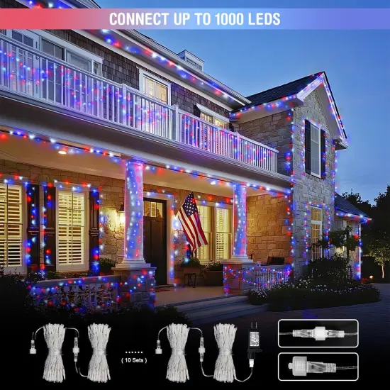 2 Pack 100 LED Red White and Blue Lights, 33ft Connectable 4th of July Lights Outdoor, 8 Modes Patriotic String Lights Indoor for Independence Day 4th of July Memorial Day Holiday Decor {4}