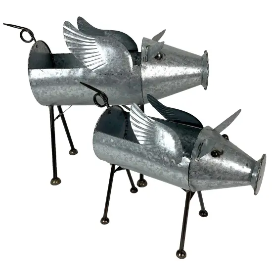 Set of 2 Flying Pig Planters - Distressed Galvanized Gray Metal - Rustic Farmhouse Garden Decor - Whimsical Planters for Indoor or Outdoor Use - Decorative and Functional Sculptures {1}