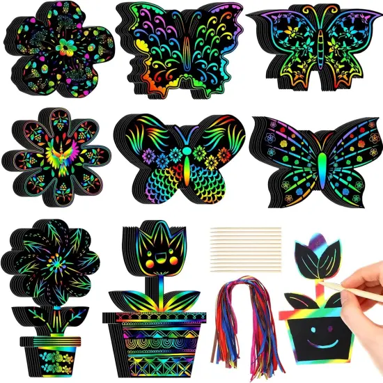80 Pcs Spring Scratch Cards Rainbow Flower Butterfly Scratch Paper for Kids Rainbow Flower Crafts with Bamboo Stylus and Ribbon {1}