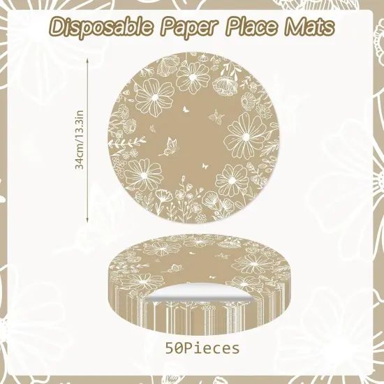 Paper Placemats Disposable 50 Pack Beige Bloom Flowers Place Mats 13.4 Inch Round Spring Floral Table Mats for Dinner Table Setting Birthday Wedding Spring Party Supplies {2}